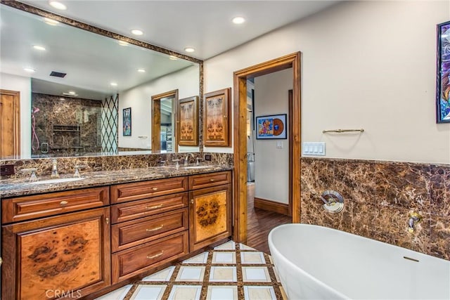 1585 E Ocean Blvd, Newport Beach, CA 92661 - full bath with a freestanding bath, double vanity, a stall shower, and recessed lighting