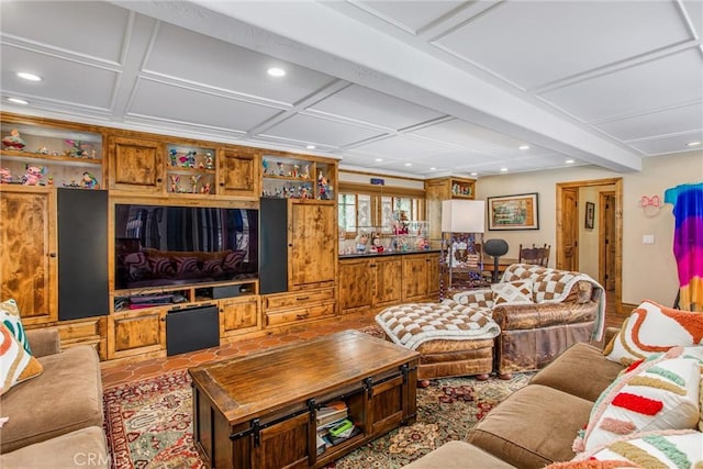 1585 E Ocean Blvd, Newport Beach, CA 92661 - living room with recessed lighting, coffered ceiling, and beam ceiling