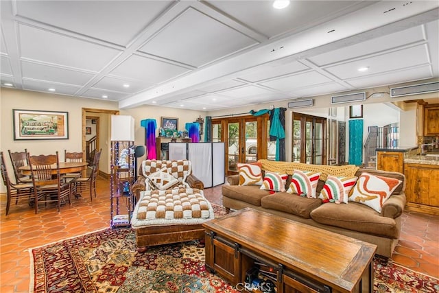 1585 E Ocean Blvd, Newport Beach, CA 92661 - living room featuring coffered ceiling and recessed lighting