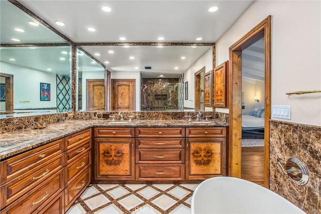 1585 E Ocean Blvd, Newport Beach, CA 92661 - full bath featuring a stall shower, double vanity, a freestanding bath, recessed lighting, and ensuite bath