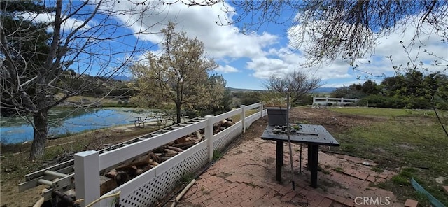 view of property's community featuring a water view and fence