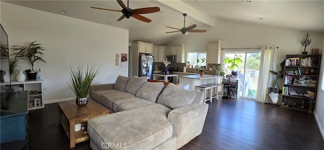 living area with ceiling fan and dark wood-type flooring