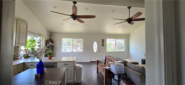 56695 Cain Rd, Anza, CA 92539 - living area with lofted ceiling, ceiling fan, plenty of natural light, dark wood-style floors, and recessed lighting