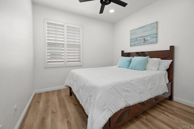 4918 Paramount Dr, San Diego, CA 92123 - bedroom featuring baseboards, wood finished floors, recessed lighting, and ceiling fan