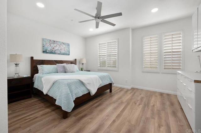 4918 Paramount Dr, San Diego, CA 92123 - bedroom featuring light wood finished floors, recessed lighting, baseboards, and a ceiling fan