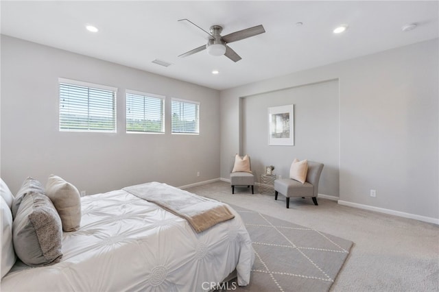 4530 E Langdon Dr, Anaheim Hills, CA 92807 - bedroom featuring light carpet, baseboards, recessed lighting, and a ceiling fan