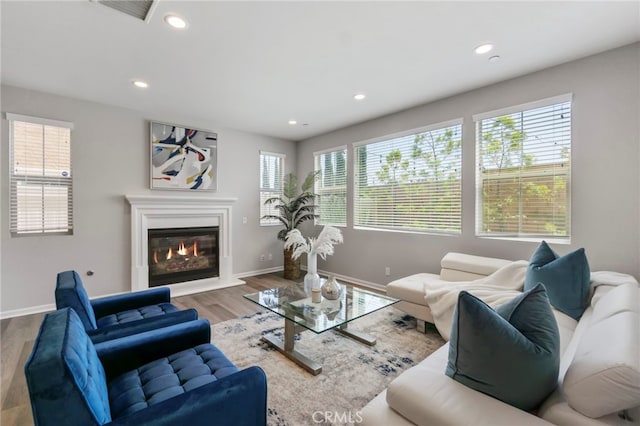 4530 E Langdon Dr, Anaheim Hills, CA 92807 - living room featuring wood finished floors, baseboards, a glass covered fireplace, and recessed lighting