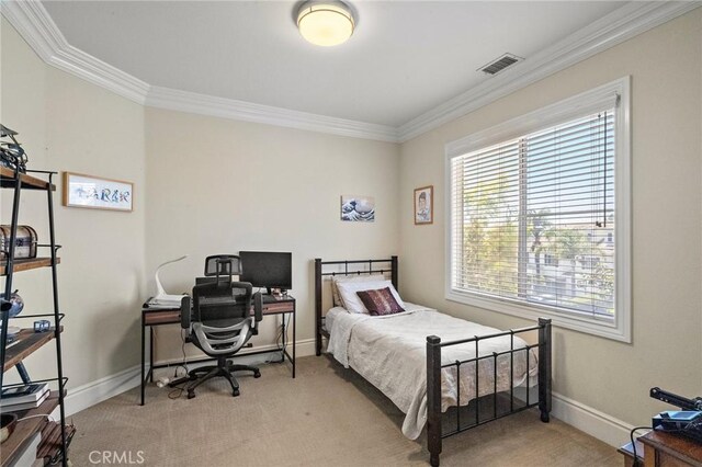 23478 Ridgeway, Mission Viejo, CA 92692 - bedroom featuring crown molding, light colored carpet, a desk, and baseboards