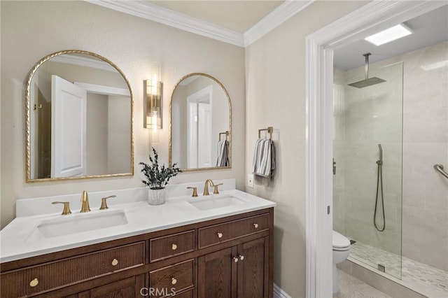 23478 Ridgeway, Mission Viejo, CA 92692 - bathroom with a walk in shower, crown molding, toilet, and double vanity