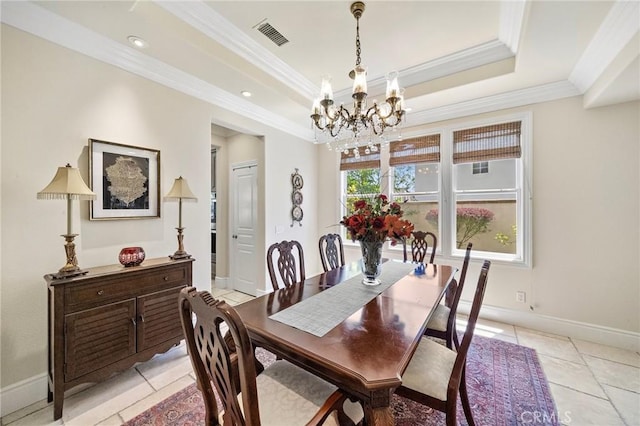 23478 Ridgeway, Mission Viejo, CA 92692 - dining space featuring a chandelier, crown molding, light tile patterned flooring, baseboards, and a raised ceiling