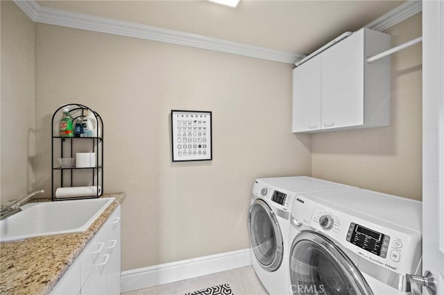 23478 Ridgeway, Mission Viejo, CA 92692 - washroom with cabinet space, washer and clothes dryer, crown molding, and baseboards