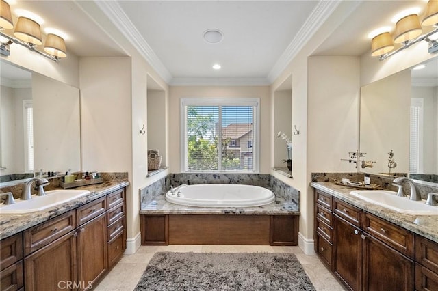 23478 Ridgeway, Mission Viejo, CA 92692 - full bathroom with a bath, two vanities, and ornamental molding