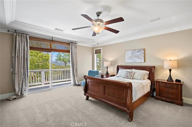 23478 Ridgeway, Mission Viejo, CA 92692 - bedroom featuring carpet floors, access to outside, a raised ceiling, ornamental molding, and baseboards