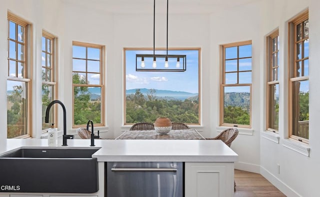 101 Via Tusa, Santa Barbara, CA 93105 - kitchen featuring a sink, stainless steel dishwasher, light wood finished floors, and light countertops
