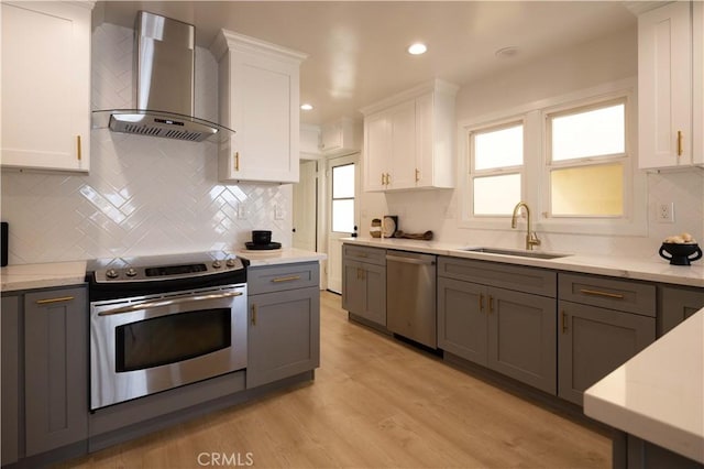 1436 W Bay Ave, Newport Beach, CA 92661 - kitchen with wall chimney exhaust hood, stainless steel appliances, a sink, and white cabinetry