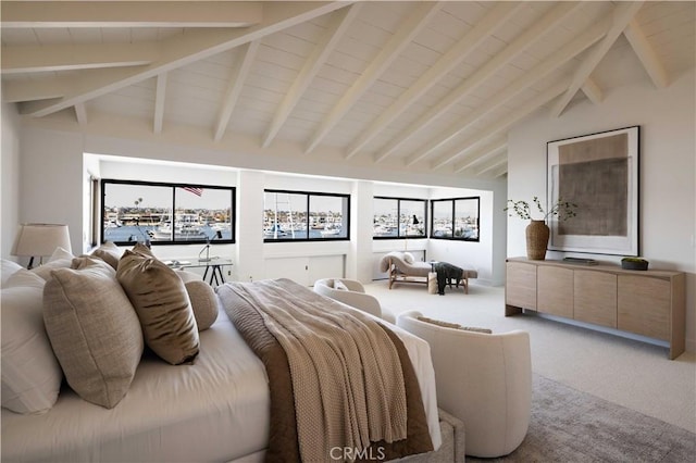 1436 W Bay Ave, Newport Beach, CA 92661 - bedroom with light colored carpet, beam ceiling, and high vaulted ceiling