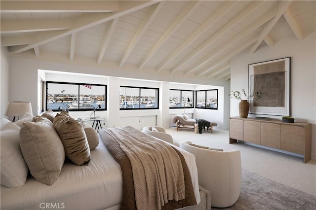 1436 W Bay Ave, Newport Beach, CA 92661 - bedroom with light carpet, beamed ceiling, and high vaulted ceiling
