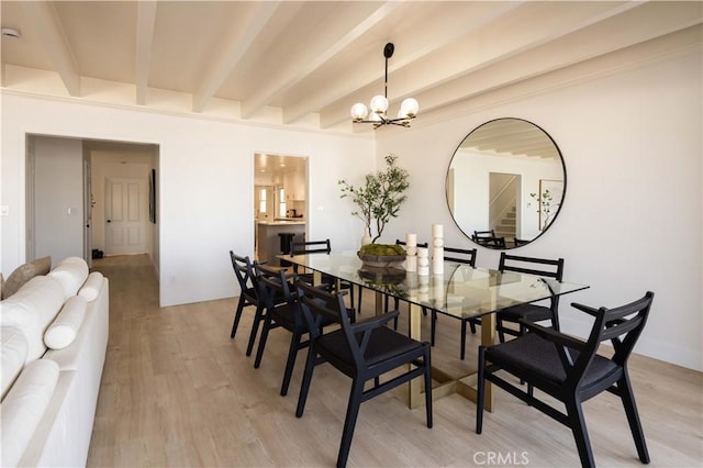 1436 W Bay Ave, Newport Beach, CA 92661 - dining space featuring a chandelier, light wood-style flooring, and beam ceiling