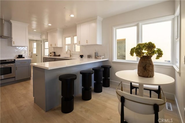 1436 W Bay Ave, Newport Beach, CA 92661 - kitchen with stainless steel range with electric cooktop, a sink, light countertops, backsplash, and light wood finished floors
