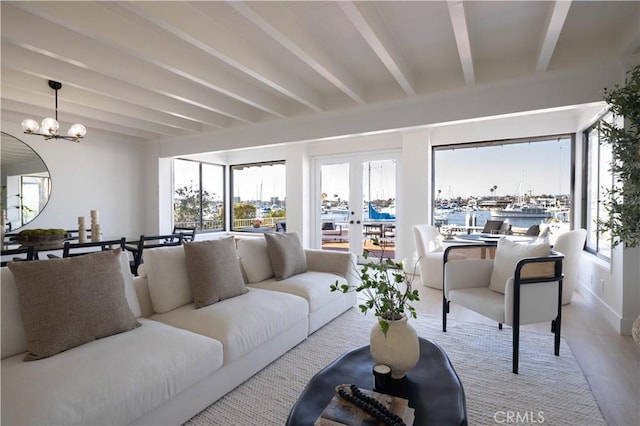 1436 W Bay Ave, Newport Beach, CA 92661 - living area featuring beamed ceiling, a chandelier, and wood finished floors