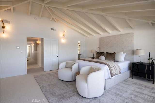 1436 W Bay Ave, Newport Beach, CA 92661 - bedroom featuring carpet flooring, beamed ceiling, and high vaulted ceiling