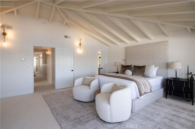 1436 W Bay Ave, Newport Beach, CA 92661 - carpeted bedroom with beam ceiling and high vaulted ceiling