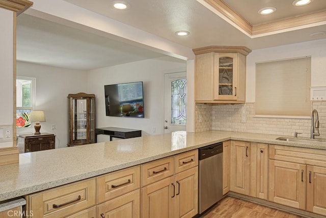 829 Via Alhambra Unit A, Laguna Woods, CA 92637 - kitchen featuring dishwasher, a sink, light brown cabinetry, light stone countertops, and light wood finished floors