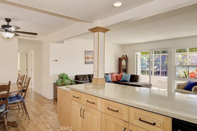 829 Via Alhambra Unit A, Laguna Woods, CA 92637 - kitchen with open floor plan, light brown cabinetry, light wood-style floors, light stone counters, and recessed lighting
