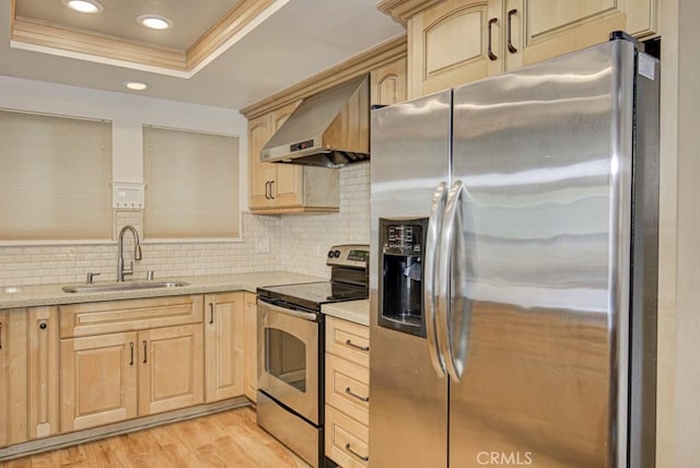 829 Via Alhambra Unit A, Laguna Woods, CA 92637 - kitchen featuring appliances with stainless steel finishes, a sink, wall chimney exhaust hood, light brown cabinetry, and recessed lighting