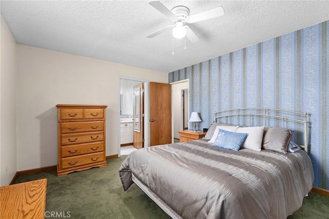 5456 Edith Ave, Corning, CA 96021 - bedroom with carpet, baseboards, a ceiling fan, ensuite bathroom, and a textured ceiling