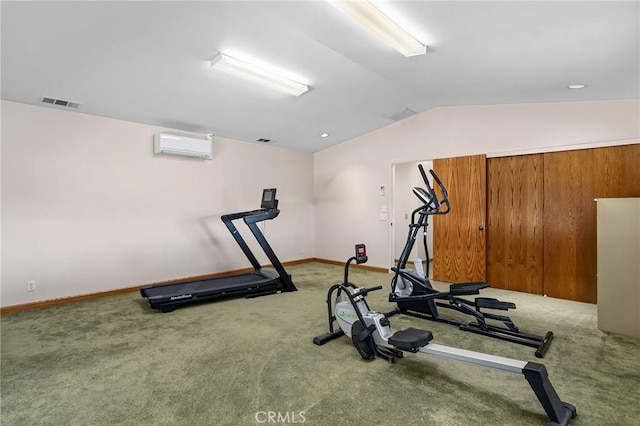 5456 Edith Ave, Corning, CA 96021 - workout room with lofted ceiling, carpet flooring, a wall mounted AC, and baseboards