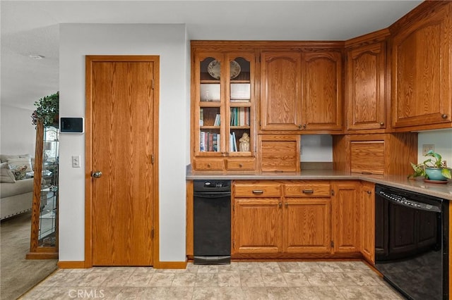 5456 Edith Ave, Corning, CA 96021 - kitchen featuring dishwasher, brown cabinetry, glass insert cabinets, and light countertops