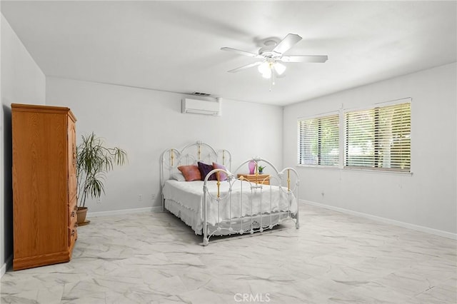 5456 Edith Ave, Corning, CA 96021 - bedroom featuring light marble finish flooring, a wall mounted air conditioner, baseboards, and a ceiling fan
