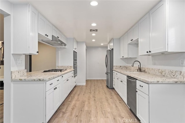 88 Auburn Ave, Sierra Madre, CA 91024 - kitchen featuring stainless steel appliances, under cabinet range hood, light wood-style floors, white cabinetry, and recessed lighting