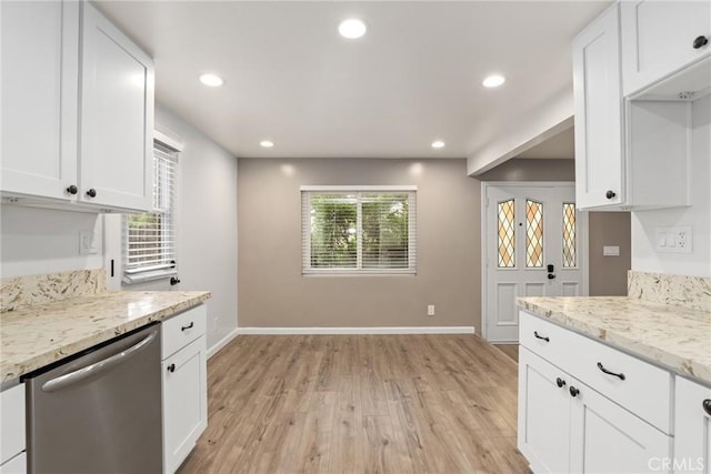 88 Auburn Ave, Sierra Madre, CA 91024 - kitchen with stainless steel dishwasher, light wood-style floors, white cabinets, recessed lighting, and light stone counters