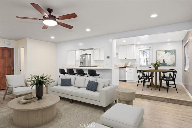 88 Auburn Ave, Sierra Madre, CA 91024 - living room featuring light wood-style flooring, recessed lighting, and a ceiling fan