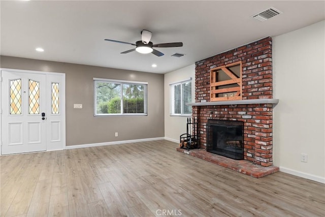 88 Auburn Ave, Sierra Madre, CA 91024 - unfurnished living room featuring ceiling fan, wood finished floors, a brick fireplace, and recessed lighting