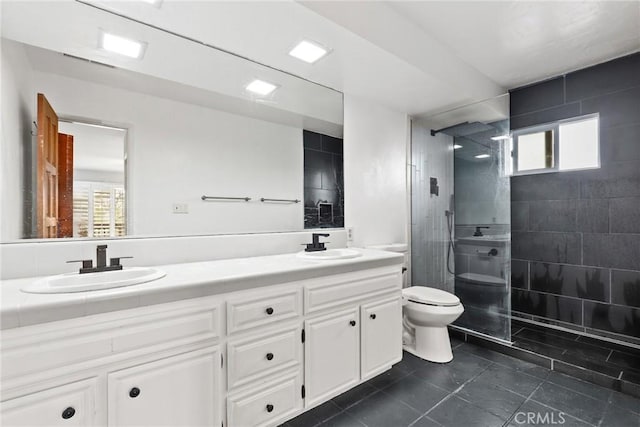 88 Auburn Ave, Sierra Madre, CA 91024 - bathroom with double vanity, walk in shower, plenty of natural light, and tile patterned flooring