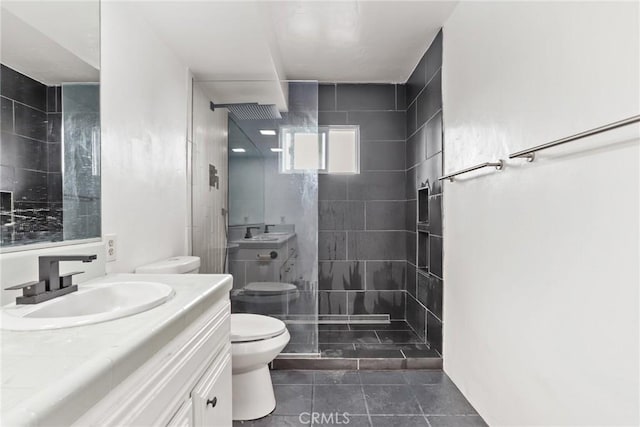 88 Auburn Ave, Sierra Madre, CA 91024 - bathroom with tiled shower, vanity, and tile patterned flooring