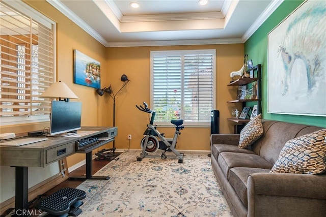 5799 Buckthorn Ave, Rancho Cucamonga, CA 91737 - living area with crown molding, a tray ceiling, baseboards, and an office area