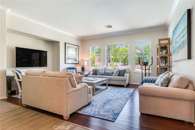 5799 Buckthorn Ave, Rancho Cucamonga, CA 91737 - living area featuring crown molding, wood finished floors, and baseboards