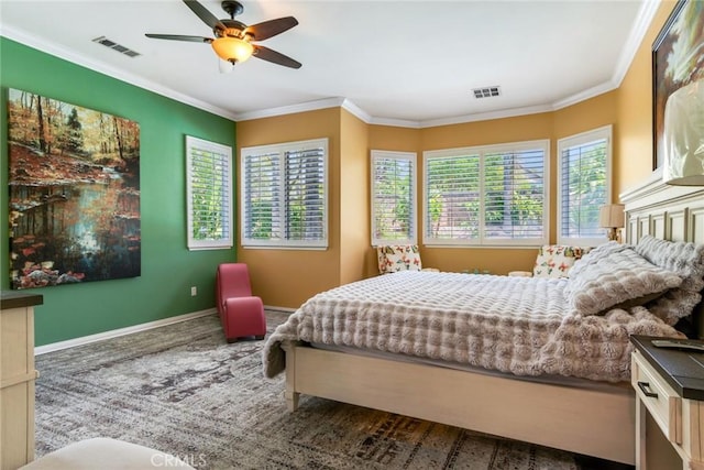 5799 Buckthorn Ave, Rancho Cucamonga, CA 91737 - bedroom featuring multiple windows, baseboards, ornamental molding, wood finished floors, and a ceiling fan