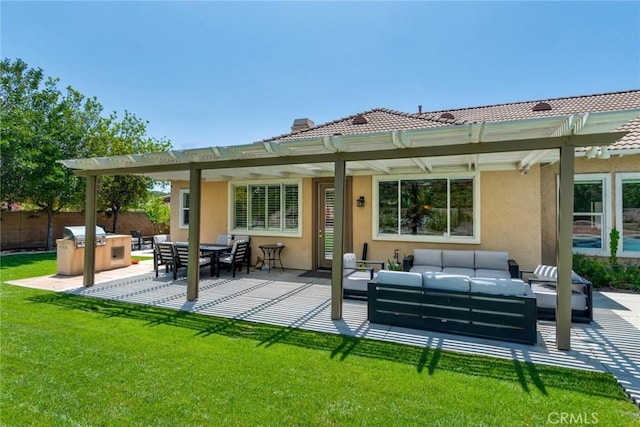 5799 Buckthorn Ave, Rancho Cucamonga, CA 91737 - rear view of house with an outdoor living space, stucco siding, a pergola, and a patio area