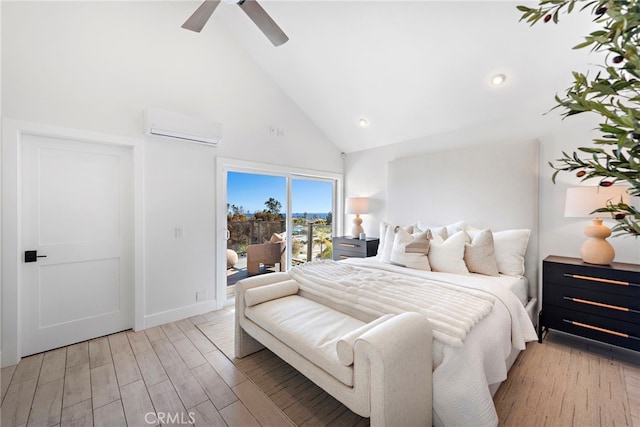 2 Hyannis, Laguna Niguel, CA 92677 - bedroom featuring an AC wall unit, high vaulted ceiling, access to outside, light wood finished floors, and recessed lighting