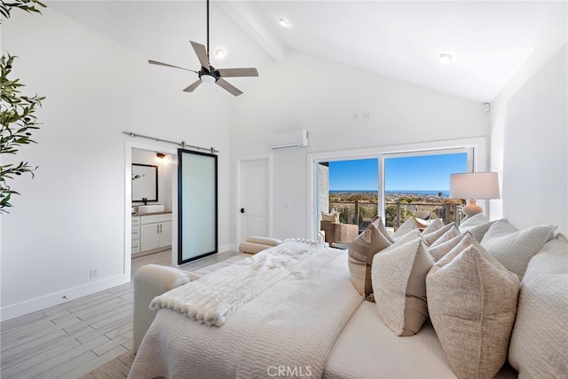 2 Hyannis, Laguna Niguel, CA 92677 - bedroom with high vaulted ceiling, a wall mounted AC, beam ceiling, baseboards, and connected bathroom