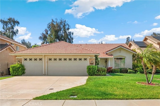 32364 Corte Coronado, Temecula, CA 92592 - ranch-style house featuring an attached garage, driveway, a tile roof, a front yard, and stucco siding