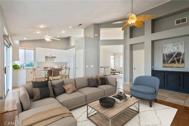 32364 Corte Coronado, Temecula, CA 92592 - living room featuring a ceiling fan, light wood finished floors, recessed lighting, and lofted ceiling