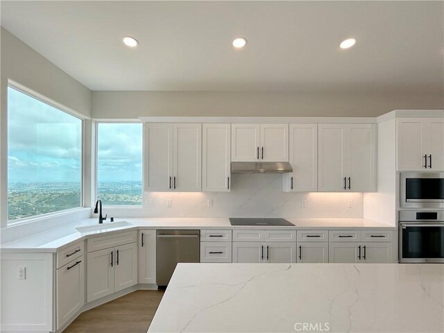 12460 San Marcos Rd, Atascadero, CA 93422 - kitchen featuring appliances with stainless steel finishes, light stone countertops, white cabinets, and recessed lighting