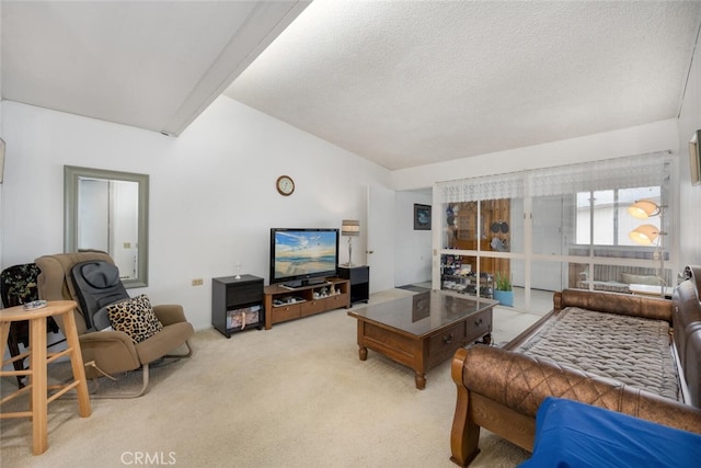 living area with light carpet and a textured ceiling