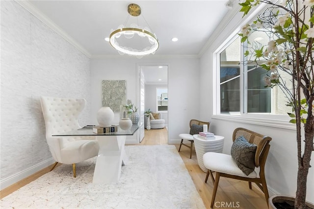 office area featuring wood finished floors, baseboards, a chandelier, crown molding, and recessed lighting